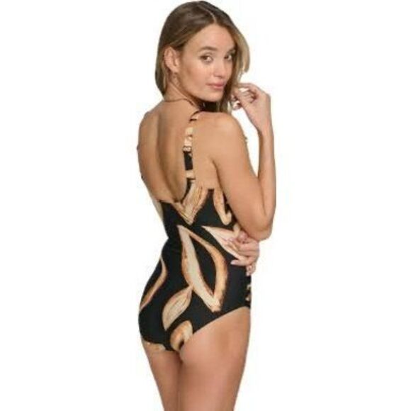 NWT DKNY Women's Black O-Ring One-Piece Bandeau-Neck Swimsuit.  Size M - Picture 2 of 7